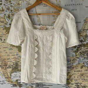 Sezane White Linen Puff Sleeve Square Neck top